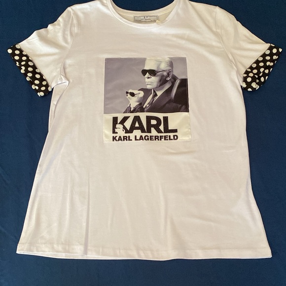 NWT white & Black Tee Top Satin Appliqué Icon Karl Lagerfeld Black Embellishment - Picture 2 of 16